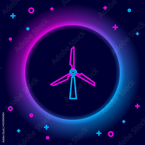 Glowing neon line Wind turbine icon isolated on black background. Wind generator sign. Windmill silhouette. Windmill for electric power production. Colorful outline concept. Vector