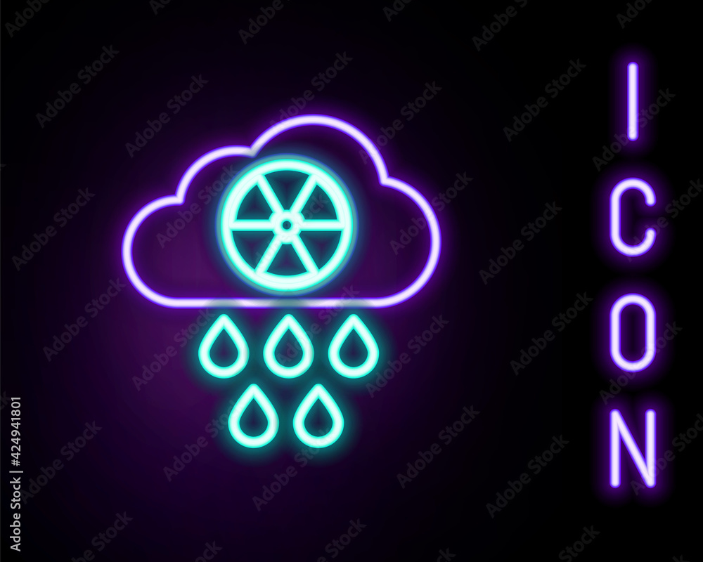 Glowing neon line Acid rain and radioactive cloud icon isolated on black background. Effects of toxic air pollution on the environment. Colorful outline concept. Vector Glowing neon line Acid rain and radioactive cloud icon isolated on black background. Effects of toxic air pollution on the environment. Colorful outline concept. Vector