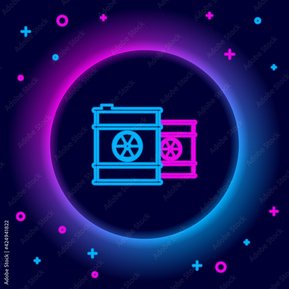 Glowing neon line Radioactive waste in barrel icon isolated on black background. Toxic refuse keg. Radioactive garbage emissions, environmental pollution. Colorful outline concept. Vector Glowing neon line Radioactive waste in barrel icon isolated on black background. Toxic refuse keg. Radioactive garbage emissions, environmental pollution. Colorful outline concept. Vector