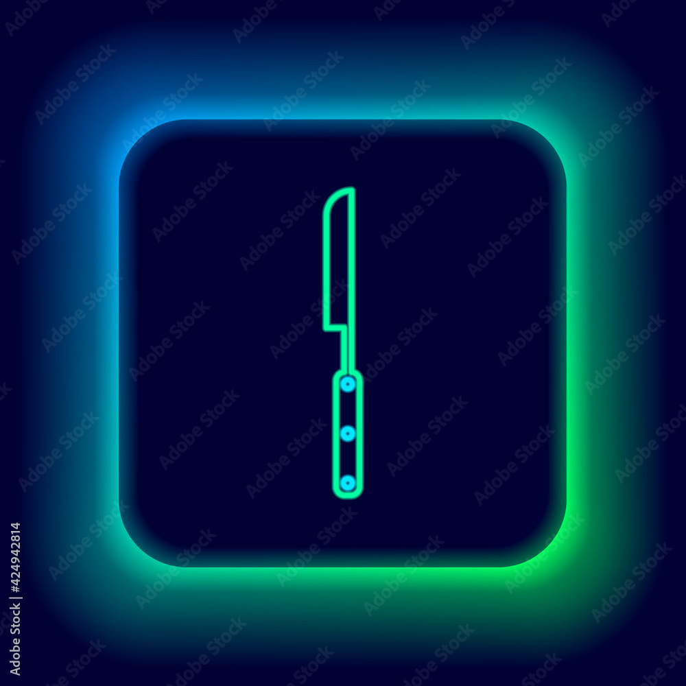 Glowing neon line Barbecue knife icon isolated on black background. Kitchen knife icon. BBQ knife sign. Barbecue and grill tool. Colorful outline concept. Vector Glowing neon line Barbecue knife icon isolated on black background. Kitchen knife icon. BBQ knife sign. Barbecue and grill tool. Colorful outline concept. Vector