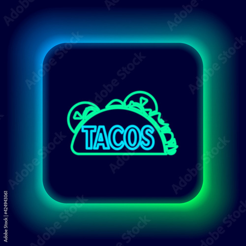 Glowing neon line Taco with tortilla icon isolated on black background. Traditional mexican fast food. Colorful outline concept. Vector