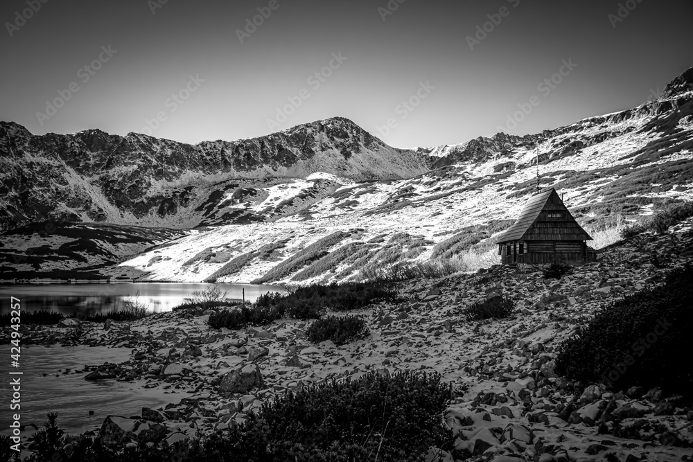 Sunny day in Tatra Mountains in black and white. Rocks covered with fresh snow and an old wooden chalet used for sheep herding. Selective focus on the building, blurred background. - obrazy, fototapety, plakaty 