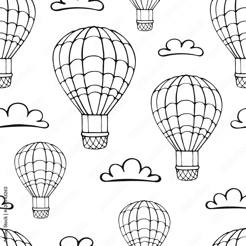 Naklejka premium Seamless pattern hot air balloon and cloud. Hand drawn outline doodle. Vector illustration.