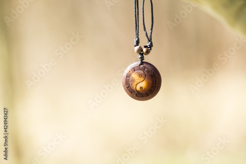 Yin Yang pendant necklace brown color handmade shoot outside in a sunny day closeup. Selective Focus. High quality photo