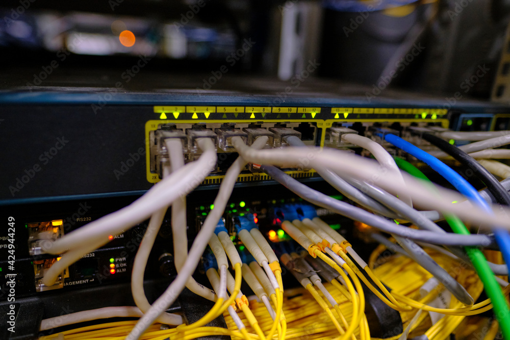 Communication equipment in the operator's premises. Indication of working equipment. Communication equipment ports for connecting an internet cable. Communication equipment in the operator's premises. Indication of working equipment. Communication equipment ports for connecting an internet cable.