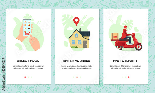 Food ordering online mobile app banner set. Choose and order dishes menu on smartphone screen template. Express scooter delivery from cafe service concept. Product moped logistic eps illustration