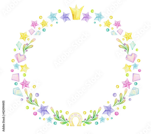 Crystals, stars, a horseshoe crown, on an isolated background. Hand-drawn watercolor frame in cartoon style