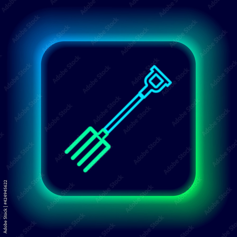 Glowing neon line Garden pitchfork icon isolated on black background. Garden fork sign. Tool for horticulture, agriculture, farming. Colorful outline concept. Vector Glowing neon line Garden pitchfork icon isolated on black background. Garden fork sign. Tool for horticulture, agriculture, farming. Colorful outline concept. Vector