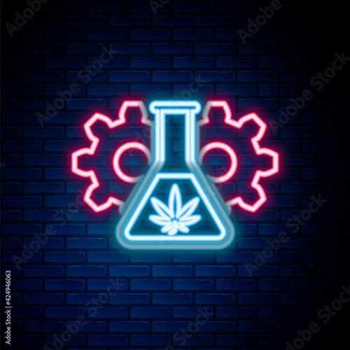 Glowing neon line Chemical test tube with marijuana or cannabis leaf icon isolated on brick wall background. Research concept. Laboratory CBD oil concept. Colorful outline concept. Vector