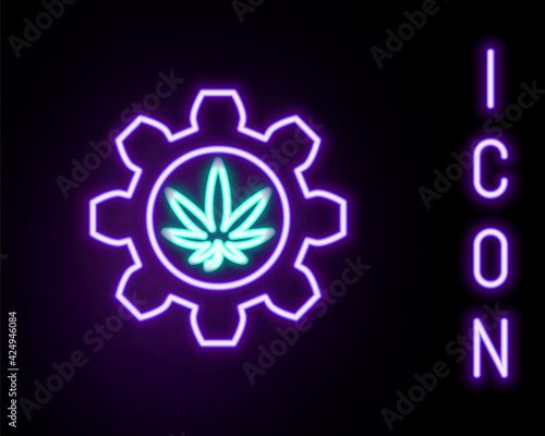 Glowing neon line Chemical test tube with marijuana or cannabis leaf icon isolated on black background. Research concept. Laboratory CBD oil concept. Colorful outline concept. Vector