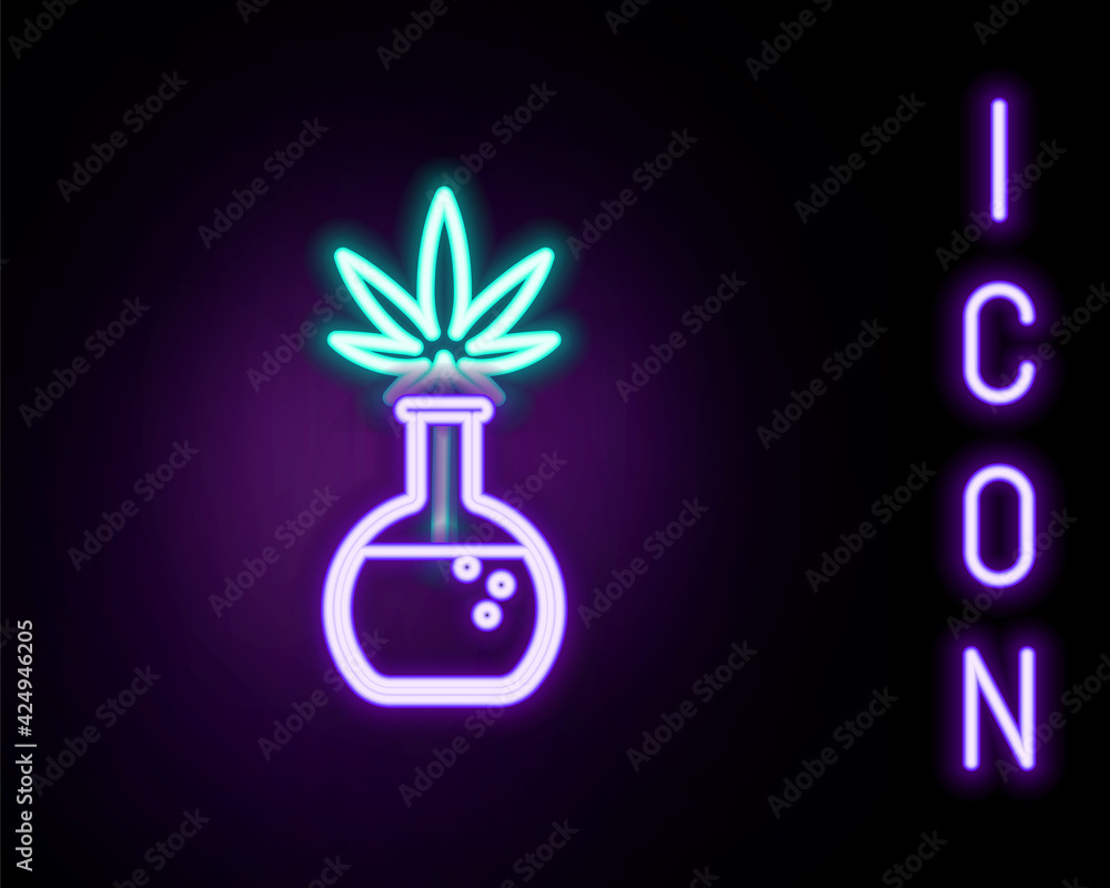 Glowing neon line Chemical test tube with marijuana or cannabis leaf icon isolated on black background. Research concept. Laboratory CBD oil concept. Colorful outline concept. Vector Glowing neon line Chemical test tube with marijuana or cannabis leaf icon isolated on black background. Research concept. Laboratory CBD oil concept. Colorful outline concept. Vector