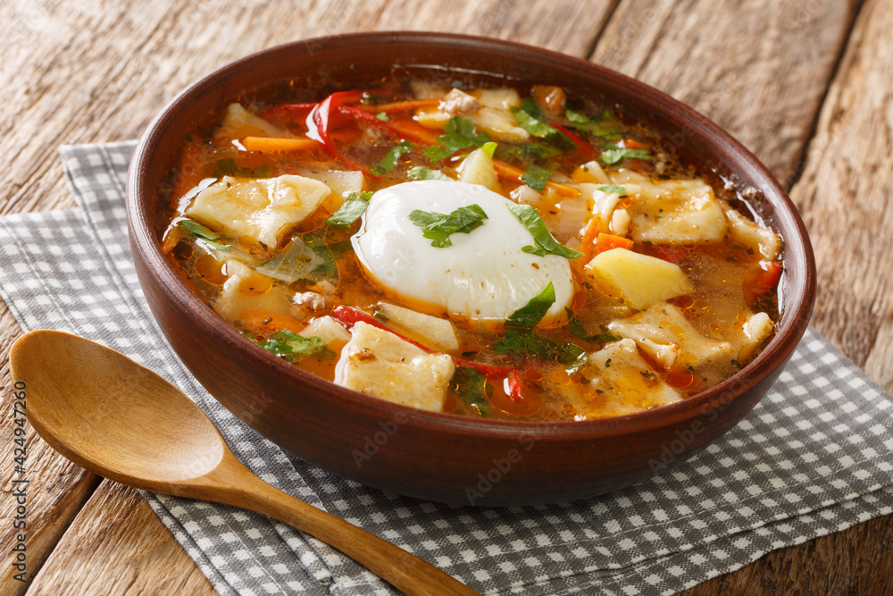Homemade Pantruca Chilean soup with vegetables, ground beef, noodles and poached egg close-up in a bowl on the table. horizontal Homemade Pantruca Chilean soup with vegetables, ground beef, noodles and poached egg close-up in a bowl on the table. horizontal