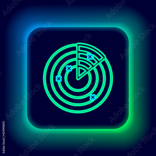 Glowing neon line Radar with targets on monitor in searching icon isolated on black background. Military search system. Navy sonar. Colorful outline concept. Vector