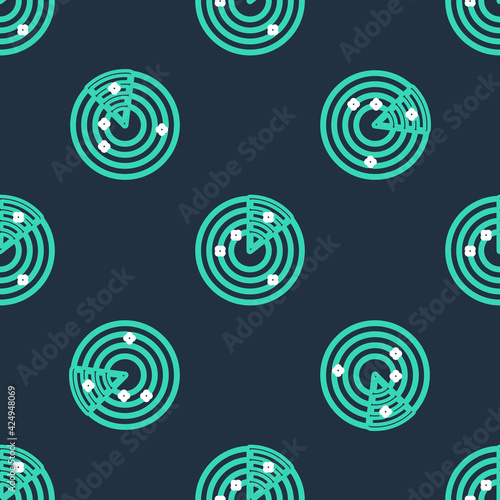 Line Radar with targets on monitor in searching icon isolated seamless pattern on black background. Military search system. Navy sonar. Vector