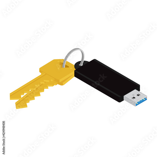 Bunch of keys with usb flash drive isolated on white background.