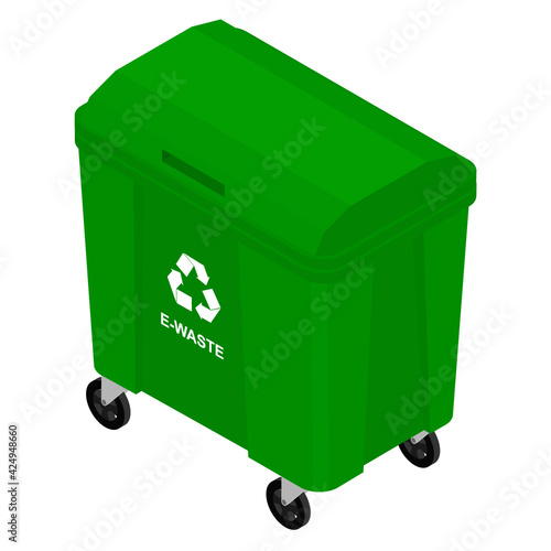 Electronic waste green recycling can, bin for electrical and electronic devices. Recycling garbage separation.
