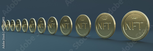 3D render of non funglible tokens with gold shader on dark background photo