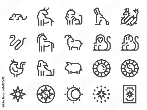 Chinese zodiac line icon set. Included the icons as astrology, animals, esoteric, horoscope, and more.