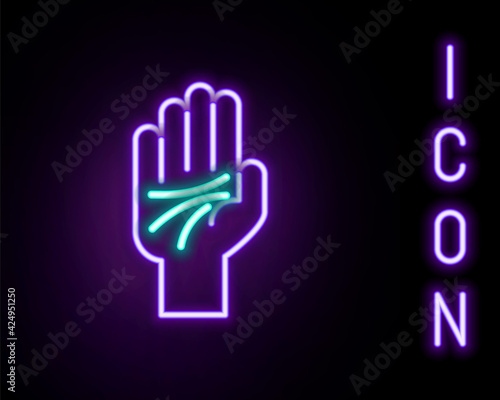 Glowing neon line Palmistry of the hand icon isolated on black background. Colorful outline concept. Vector