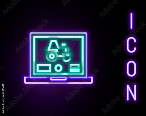 Glowing neon line Laptop application for control a autonomous tractor on a smart farm icon isolated on black background. Smart agriculture implement. Colorful outline concept. Vector