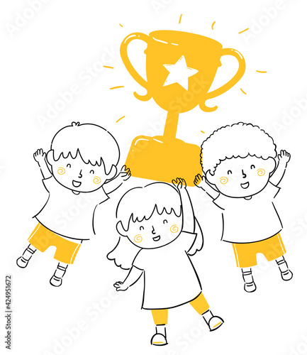 Kids Hold Gold Trophy Illus...