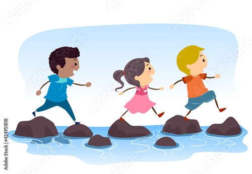 Stickman Kids Cross Stream Rocks Illustration
