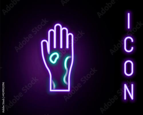 Glowing neon line Hand with psoriasis or eczema icon isolated on black background. Concept of human skin response to allergen or chronic body problem. Colorful outline concept. Vector