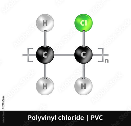 Vector ball-and-stick model of thermoplastic polymer polyvinyl chloride or vinyl PVC from vinyl chloride monomer. The icon is isolated on white background. PVC type I, type II, phthalate plasticizers.