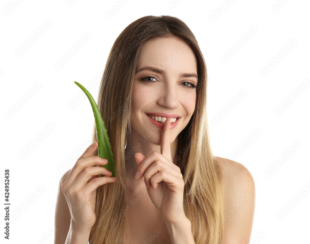 Happy young woman with aloe leaf on white background Happy young woman with aloe leaf on white background
