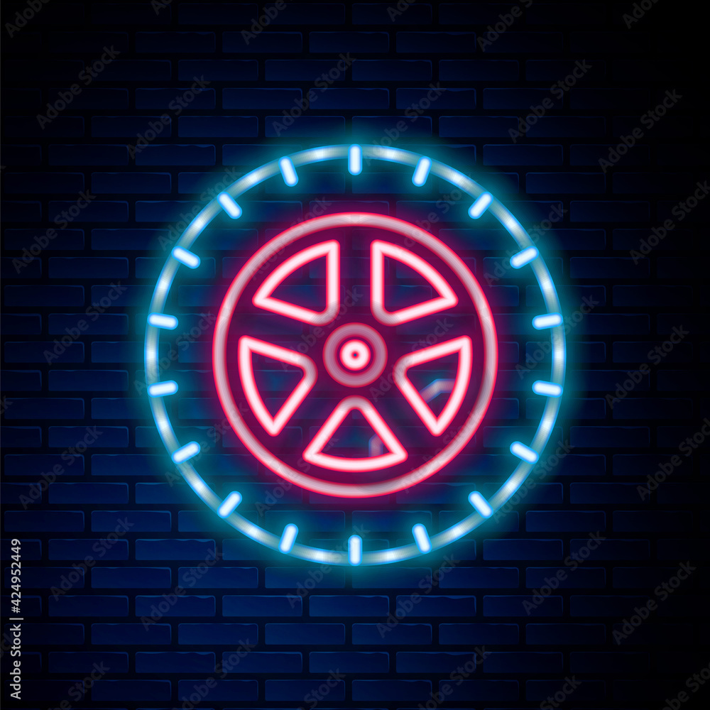 Glowing neon line Car wheel icon isolated on brick wall background. Colorful outline concept. Vector
