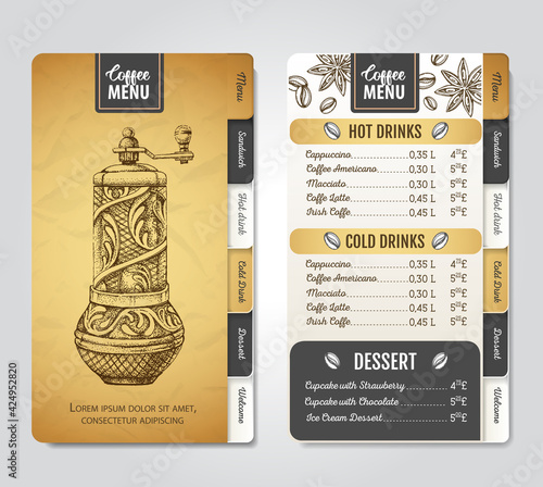 Restaurant Coffee menu design. Decorative sketch of coffee grinder