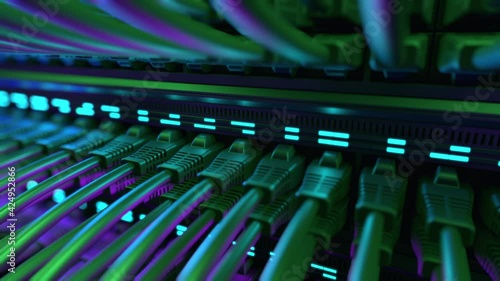 Internet Network Switch With Plugged Ethernet Cables.