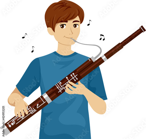 Teen Boy Play Bassoon Music Notes Illustration
