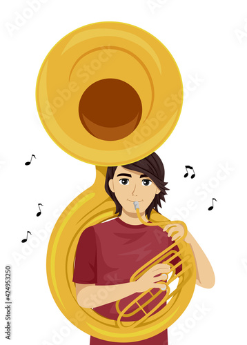Teen Boy Play Sousaphone Music Notes Illustration