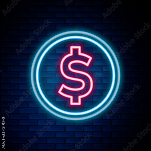 Glowing neon line Coin money with dollar symbol icon isolated on brick wall background. Banking currency sign. Cash symbol. Colorful outline concept. Vector