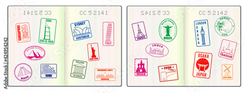 set of realistic blank passport pages or empty passport with watermark and stamps or  open foreign passport pages. eps 10 vector, easy to modify