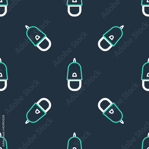 Line Police cap with cockade icon isolated seamless pattern on black background. Police hat sign. Vector