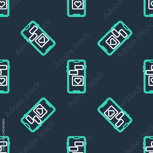 Line Mobile phone with heart icon isolated seamless pattern on black background. Valentines day. Vector © vector_v