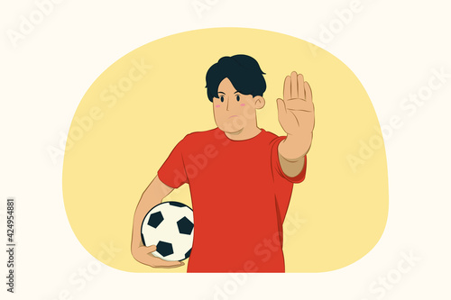 Young man football fan showing stop gesture with palm concept