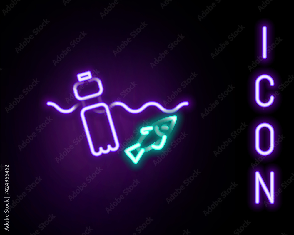 Glowing neon line The problem of pollution of the ocean icon isolated on black background. The garbage, plastic, bags on the sea. Colorful outline concept. Vector Glowing neon line The problem of pollution of the ocean icon isolated on black background. The garbage, plastic, bags on the sea. Colorful outline concept. Vector