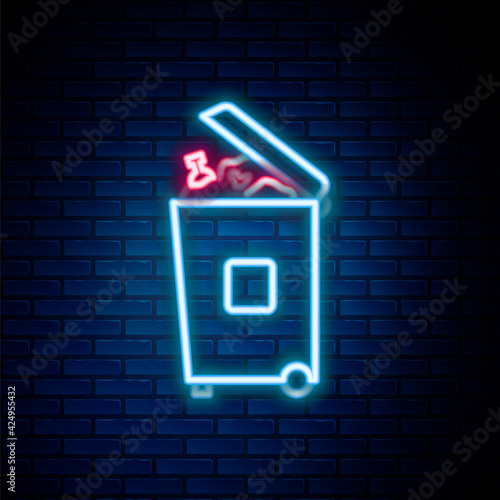 Glowing neon line Trash can icon isolated on brick wall background. Garbage bin sign. Recycle basket icon. Office trash icon. Colorful outline concept. Vector
