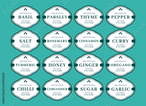 Kitchen seasoning jar label sticker classic vintage style set in tosca color