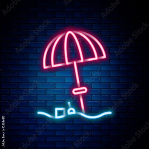 Glowing neon line Sun protective umbrella for beach icon isolated on brick wall background. Large parasol for outdoor space. Beach umbrella. Colorful outline concept. Vector