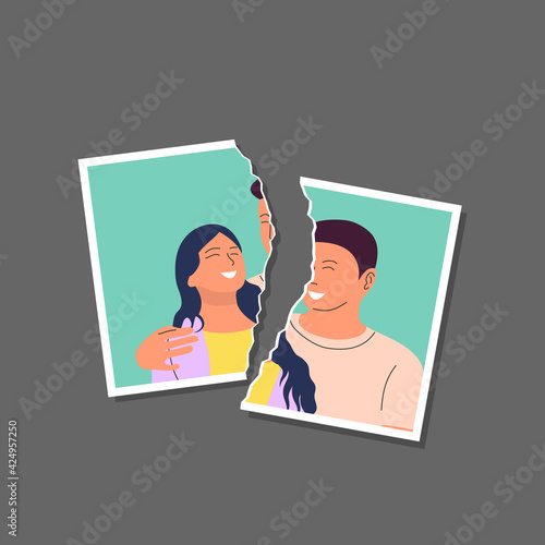 Torn photo of happy young couple template. Divorce, break up, end of relationship concept. Flat style stock vector illustration. On gray background.