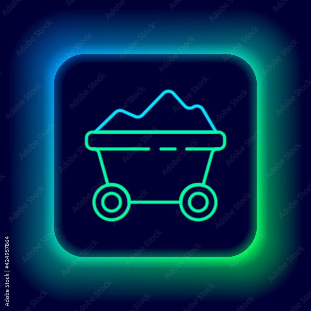 Glowing neon line Coal mine trolley icon isolated on black background. Factory coal mine trolley. Colorful outline concept. Vector Glowing neon line Coal mine trolley icon isolated on black background. Factory coal mine trolley. Colorful outline concept. Vector