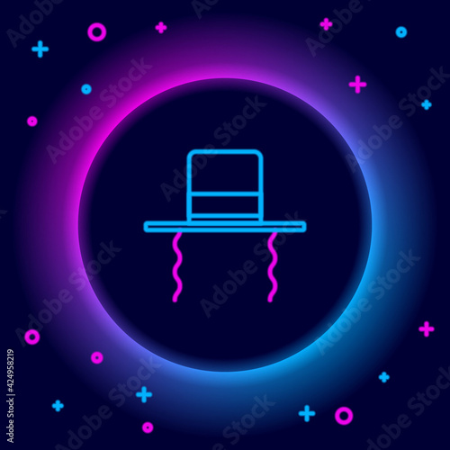 Glowing neon line Orthodox jewish hat with sidelocks icon isolated on black background. Jewish men in the traditional clothing. Judaism symbols. Colorful outline concept. Vector