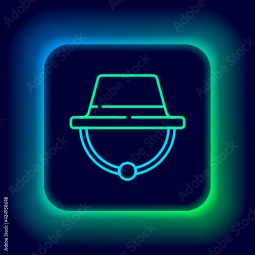 Glowing neon line Camping hat icon isolated on black background. Beach hat panama. Explorer travelers hat for hunting, hiking, tourism. Colorful outline concept. Vector
