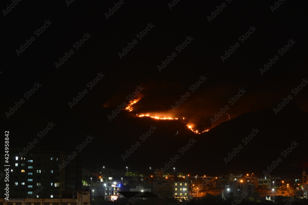 night cityscape on the backdrop of fire in the forest on the mountains