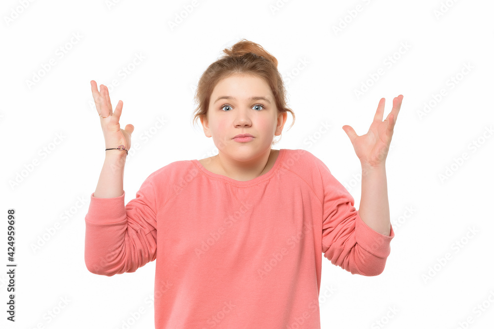close up teen girl showing doubt expression, confuse and wonder concept, shrugging shoulders close up teen girl showing doubt expression, confuse and wonder concept, shrugging shoulders