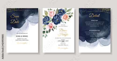 Elegant navy floral watercolor invitation card template